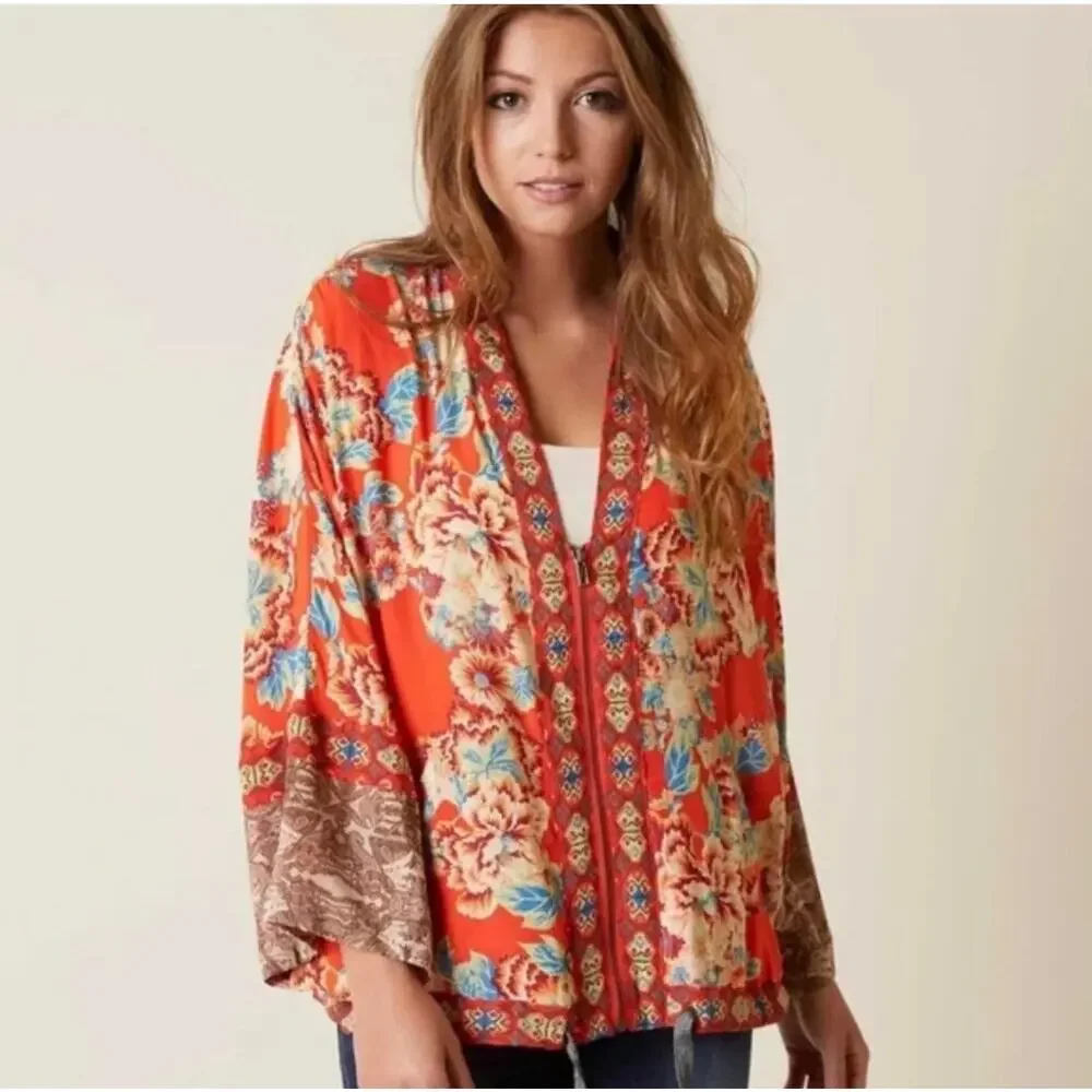 Free People Wildflower Cinched Zip Kimono Jacket Orange Blue Cream Floral M L - Picture 1 of 10
